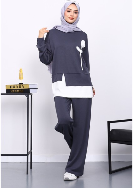 Füme Bisiklet Yaka Gül Detaylı Tunik Pantolonlu Modal Takım