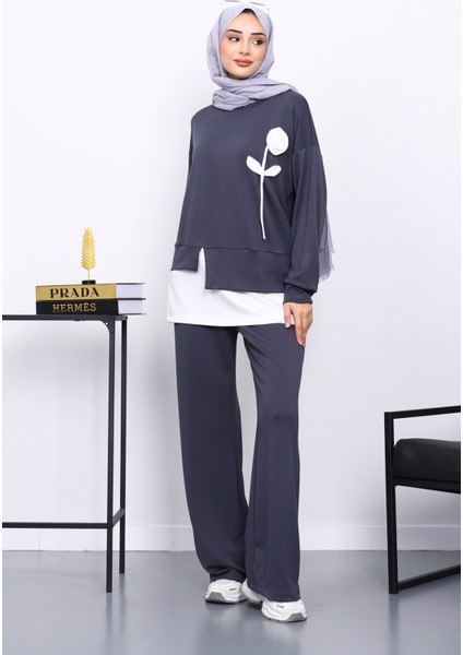 Füme Bisiklet Yaka Gül Detaylı Tunik Pantolonlu Modal Takım fiyatları