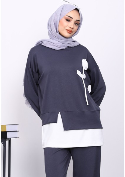 Füme Bisiklet Yaka Gül Detaylı Tunik Pantolonlu Modal Takım modelleri