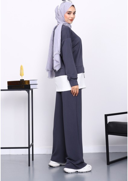 Füme Bisiklet Yaka Gül Detaylı Tunik Pantolonlu Modal Takım fırsatları