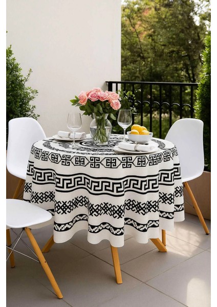 Yuvarlak Geometrik Siyah Desenli Duck Kumaş Masa Örtüsü 150X150 cm modelleri