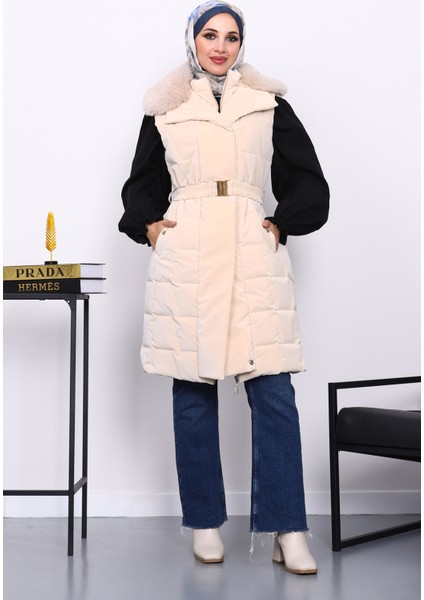Krem Yaka Kürklü Lastik Kemerli Uzun Şişme Yelek fiyatları