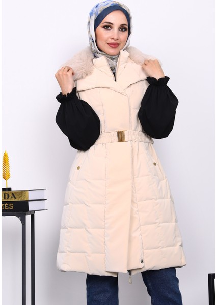Krem Yaka Kürklü Lastik Kemerli Uzun Şişme Yelek modelleri