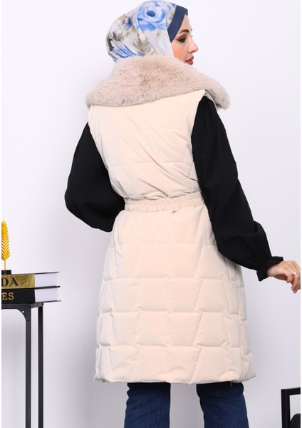 Krem Yaka Kürklü Lastik Kemerli Uzun Şişme Yelek fırsatları