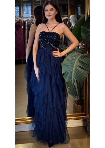 Lacivert Ip Askılı Bel Dekolteli Kloş Etekli Likralı Tül Uzun Abiye Elbise 11048-02