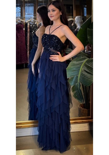 Lacivert Ip Askılı Bel Dekolteli Kloş Etekli Likralı Tül Uzun Abiye Elbise 11048-02 fiyatları