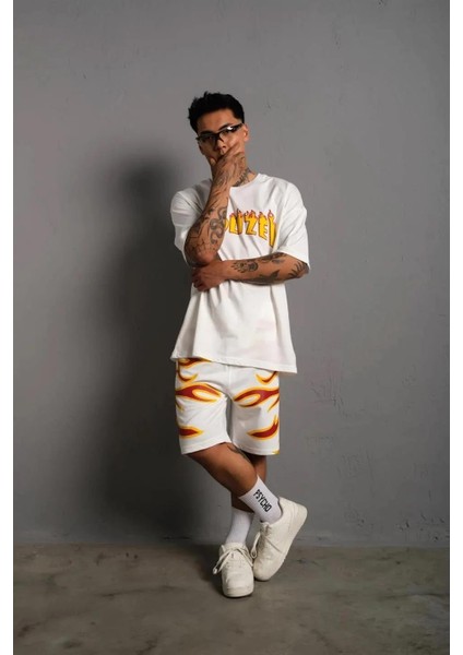 Erkek alev Baskılı Ikili Şortlu Takım - Beyaz