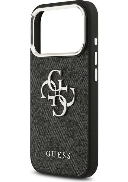 iPhone 17 Pro Kılıf Guess Lisanslı Gümüş Kamera Çerçeveli 4g Desenli Büyük 4g ve Yazı Logolu Siyah