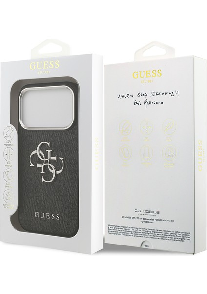iPhone 17 Pro Kılıf Guess Lisanslı Gümüş Kamera Çerçeveli 4g Desenli Büyük 4g ve Yazı Logolu Siyah