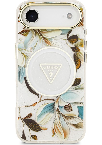 iPhone 17 Air Kılıf Guess Lisanslı M-Safeli Simli Çiçek Desenli Metal Kamera Çerçeveli Kapak Beyaz modelleri