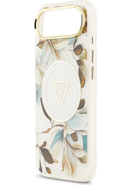 iPhone 17 Air Kılıf Guess Lisanslı M-Safeli Simli Çiçek Desenli Metal Kamera Çerçeveli Kapak Beyaz
