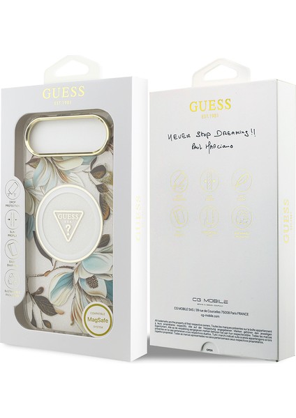 iPhone 17 Air Kılıf Guess Lisanslı M-Safeli Simli Çiçek Desenli Metal Kamera Çerçeveli Kapak Beyaz