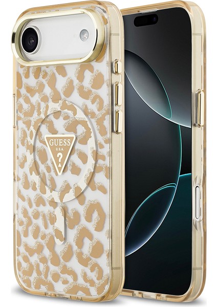 iPhone 17 Air Uyumlu Kılıf Guess Lisanslı M-Safeli Üçgen Logolu Simli Leopar Desenli Kahverengi