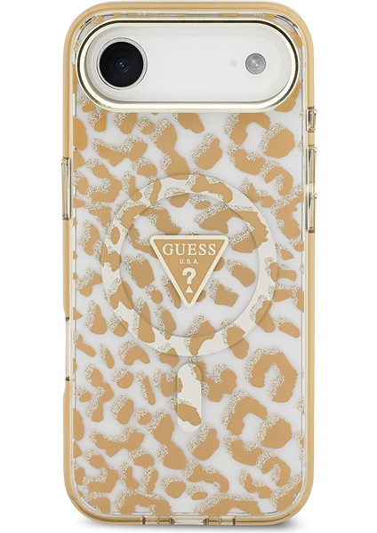 iPhone 17 Air Uyumlu Kılıf Guess Lisanslı M-Safeli Üçgen Logolu Simli Leopar Desenli Kahverengi modelleri