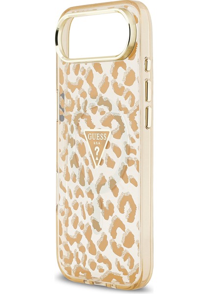 iPhone 17 Air Uyumlu Kılıf Guess Lisanslı M-Safeli Üçgen Logolu Simli Leopar Desenli Kahverengi