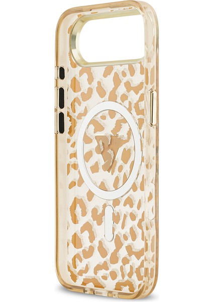 iPhone 17 Air Uyumlu Kılıf Guess Lisanslı M-Safeli Üçgen Logolu Simli Leopar Desenli Kahverengi