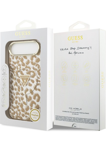 iPhone 17 Air Uyumlu Kılıf Guess Lisanslı M-Safeli Üçgen Logolu Simli Leopar Desenli Kahverengi