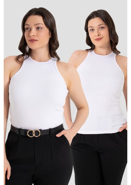 Kadın Pamuklu Fitilli Görünümlü Halter Yaka Basic Beyaz Atlet 2'li Paket