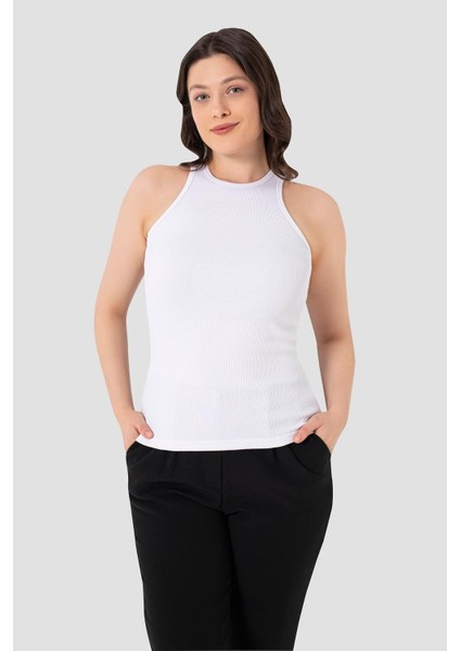 Kadın Pamuklu Fitilli Görünümlü Halter Yaka Basic Beyaz Atlet 2'li Paket fiyatları