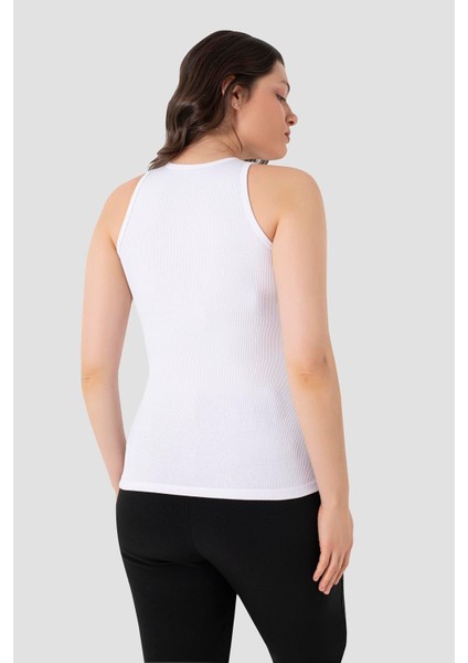 Kadın Pamuklu Fitilli Görünümlü Halter Yaka Basic Beyaz Atlet 2'li Paket indirimleri