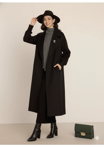 Kadın Siyah Kaşe Uzun Kaban Maksi Boy Palto Geniş Yakalı Düz ​​kesim Kışlık fiyatları