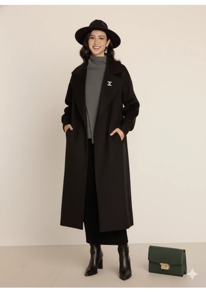 Kadın Siyah Kaşe Uzun Kaban Maksi Boy Palto Geniş Yakalı Düz ​​kesim Kışlık modelleri