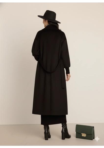 Kadın Siyah Kaşe Uzun Kaban Maksi Boy Palto Geniş Yakalı Düz ​​kesim Kışlık fırsatları