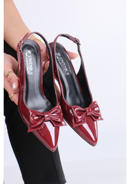 Sivri Burun Bordo Rugan Topuklu Ayakkabı - Parlak Fiyonk Detaylı