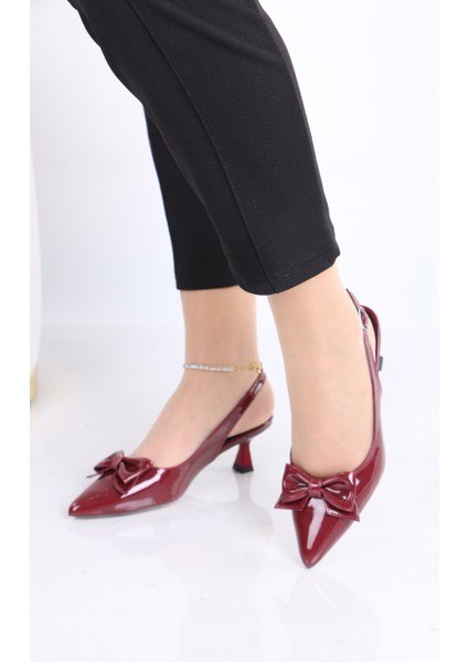 Sivri Burun Bordo Rugan Topuklu Ayakkabı - Parlak Fiyonk Detaylı fiyatları
