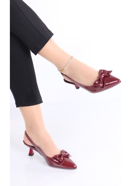 Sivri Burun Bordo Rugan Topuklu Ayakkabı - Parlak Fiyonk Detaylı modelleri
