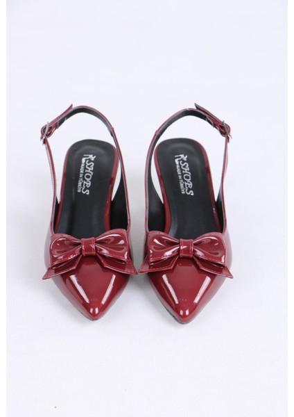 Sivri Burun Bordo Rugan Topuklu Ayakkabı - Parlak Fiyonk Detaylı fırsatları