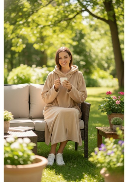 Serona Wellsoft Peluş Kapüşonlu Uzun Panço Yumuşak Dokulu Giyilebilir Tv Battaniyesi | Bej S/m fiyatları