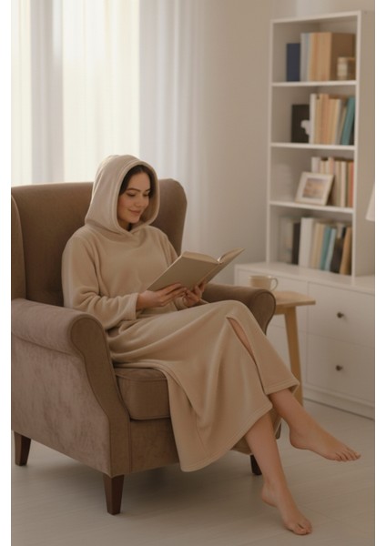 Serona Wellsoft Peluş Kapüşonlu Uzun Panço Yumuşak Dokulu Giyilebilir Tv Battaniyesi | Bej S/m modelleri