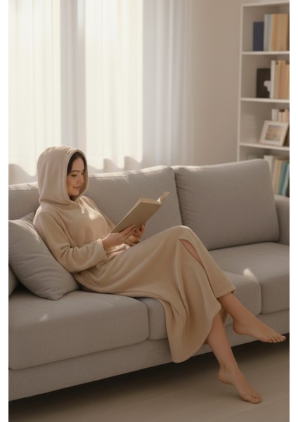 Serona Wellsoft Peluş Kapüşonlu Uzun Panço Yumuşak Dokulu Giyilebilir Tv Battaniyesi | Bej S/m indirimleri