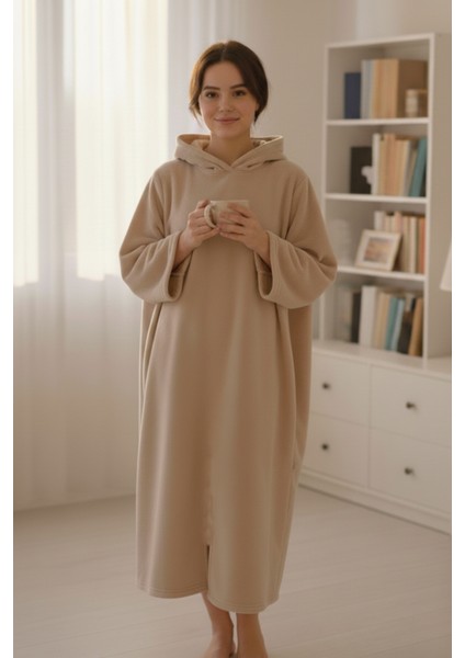 Serona Wellsoft Peluş Kapüşonlu Uzun Panço Yumuşak Dokulu Giyilebilir Tv Battaniyesi | Bej S/m