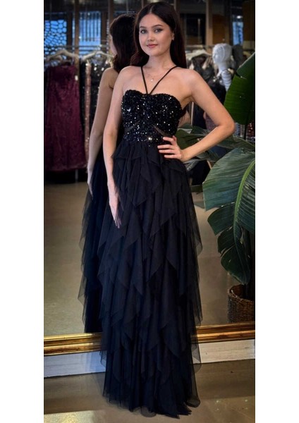 Siyah Ip Askılı Bel Dekolteli Kloş Etekli Likralı Tül Uzun Abiye Elbise 11048-01