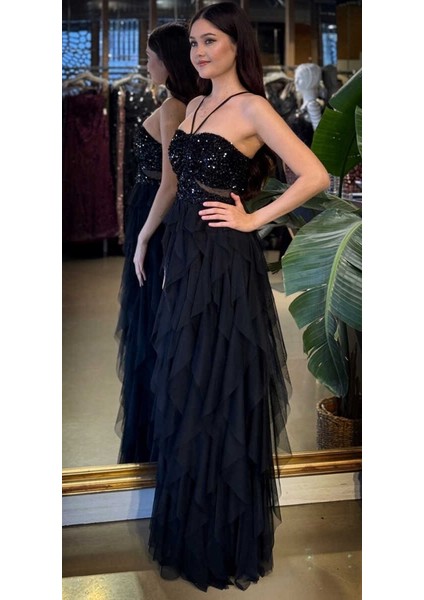 Siyah Ip Askılı Bel Dekolteli Kloş Etekli Likralı Tül Uzun Abiye Elbise 11048-01 fiyatları