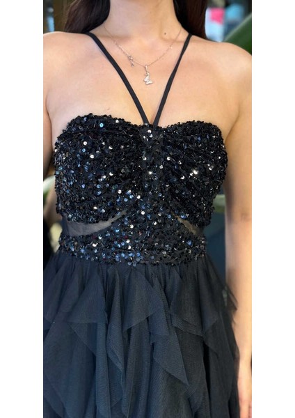 Siyah Ip Askılı Bel Dekolteli Kloş Etekli Likralı Tül Uzun Abiye Elbise 11048-01 fırsatları