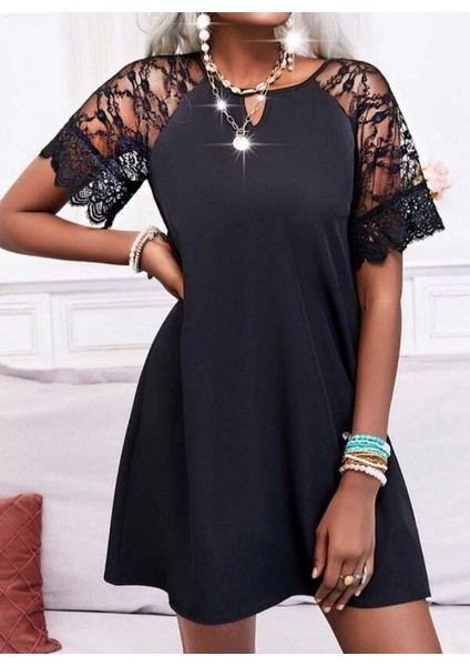 Kadın Dantelli Kısa Kollu Damla Yaka Krep Elbise modelleri