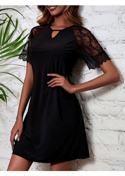 Kadın Dantelli Kısa Kollu Damla Yaka Krep Elbise