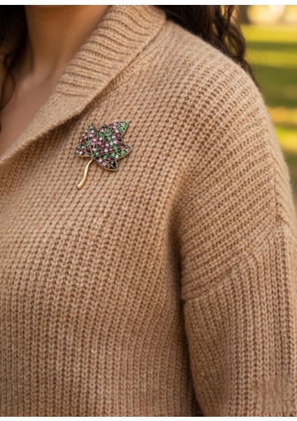 Lente Aksesuar Pembe Yeşil Zirkon Taşlı Çınar Yaprağı Broş, Kadın Yaka Iğnesi