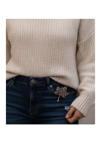 Lente Aksesuar Pembe Yeşil Zirkon Taşlı Çınar Yaprağı Broş, Kadın Yaka Iğnesi