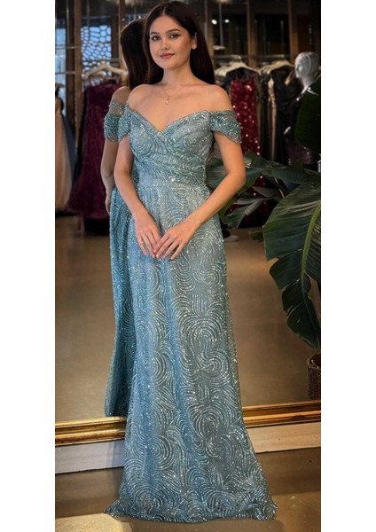 Mint Madonna Yaka Sırt Dekolteli Düz Kesim Simli Uzun Abiye Elbise 11113-01