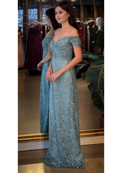 Mint Madonna Yaka Sırt Dekolteli Düz Kesim Simli Uzun Abiye Elbise 11113-01 fiyatları