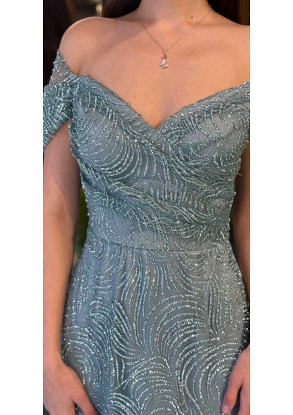 Mint Madonna Yaka Sırt Dekolteli Düz Kesim Simli Uzun Abiye Elbise 11113-01 fırsatları