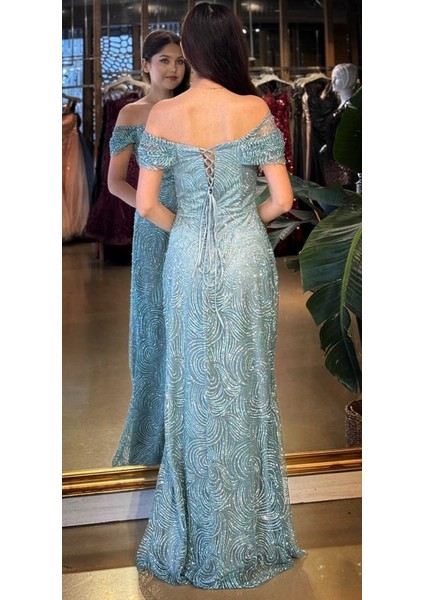 Mint Madonna Yaka Sırt Dekolteli Düz Kesim Simli Uzun Abiye Elbise 11113-01 indirimleri