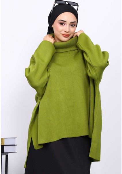 Yeşil Balıkçı Yaka Fermuarlı Triko Kazak
