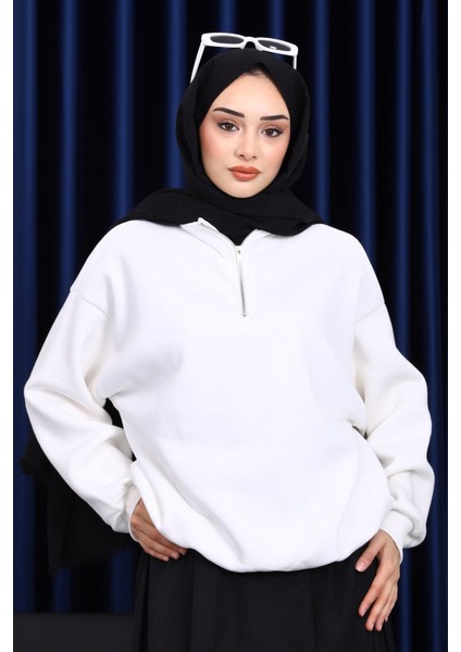 Ekru Yaka Fermuarlı Üç İplik Şardonlu Sweat