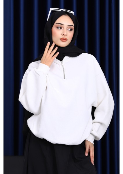 Ekru Yaka Fermuarlı Üç İplik Şardonlu Sweat fiyatları