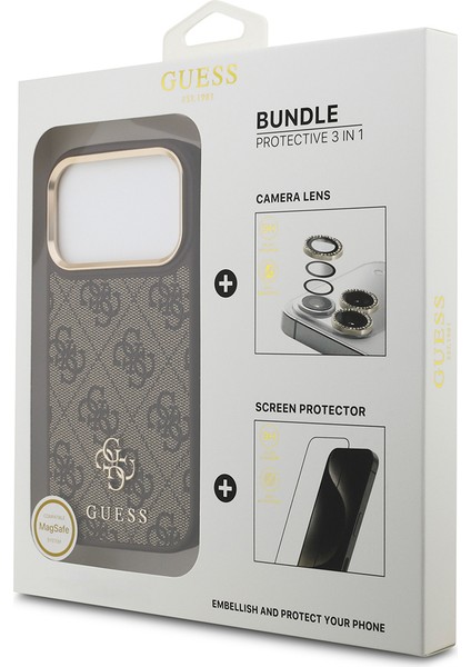 iPhone 17 Pro Guess Lisanslı 4g Yazı Logolu Kılıf&ekran&lens Koruyucu 3in1 Aksesuar Seti Kahverengi